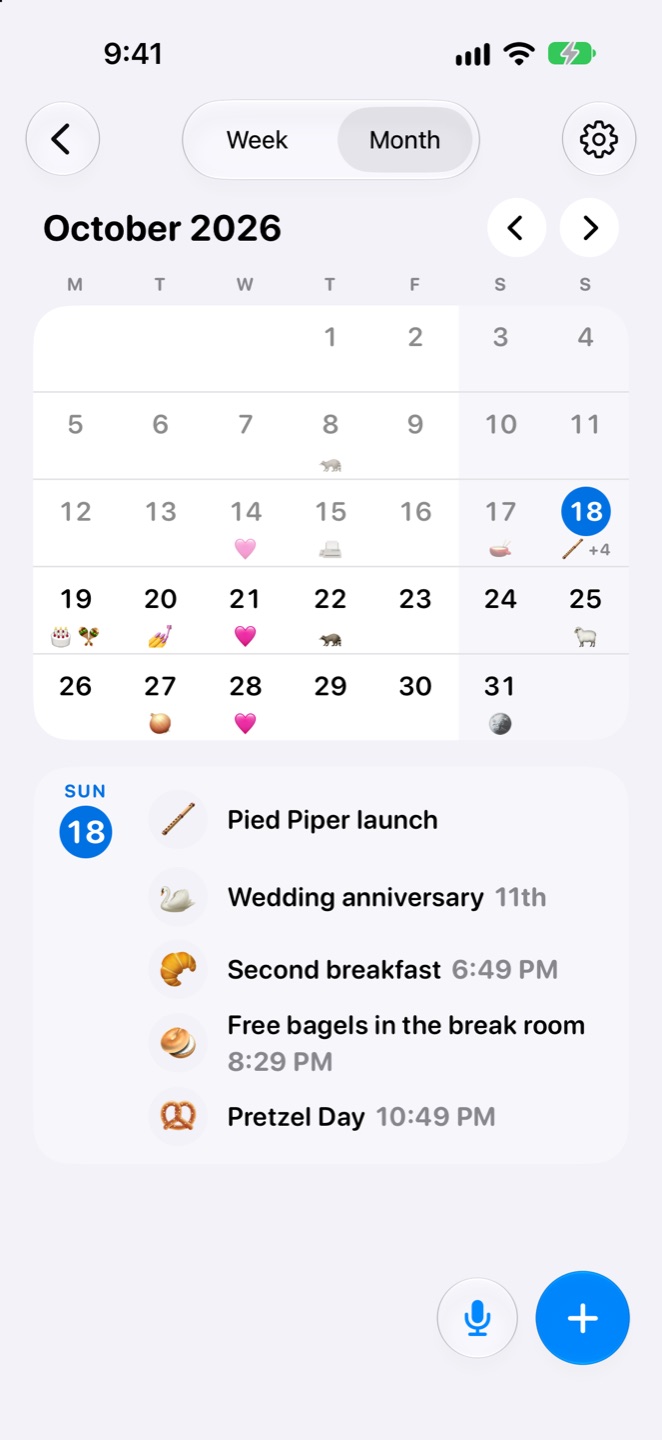 The month calendar for October, with each event's emoji on its day and today's events listed below.