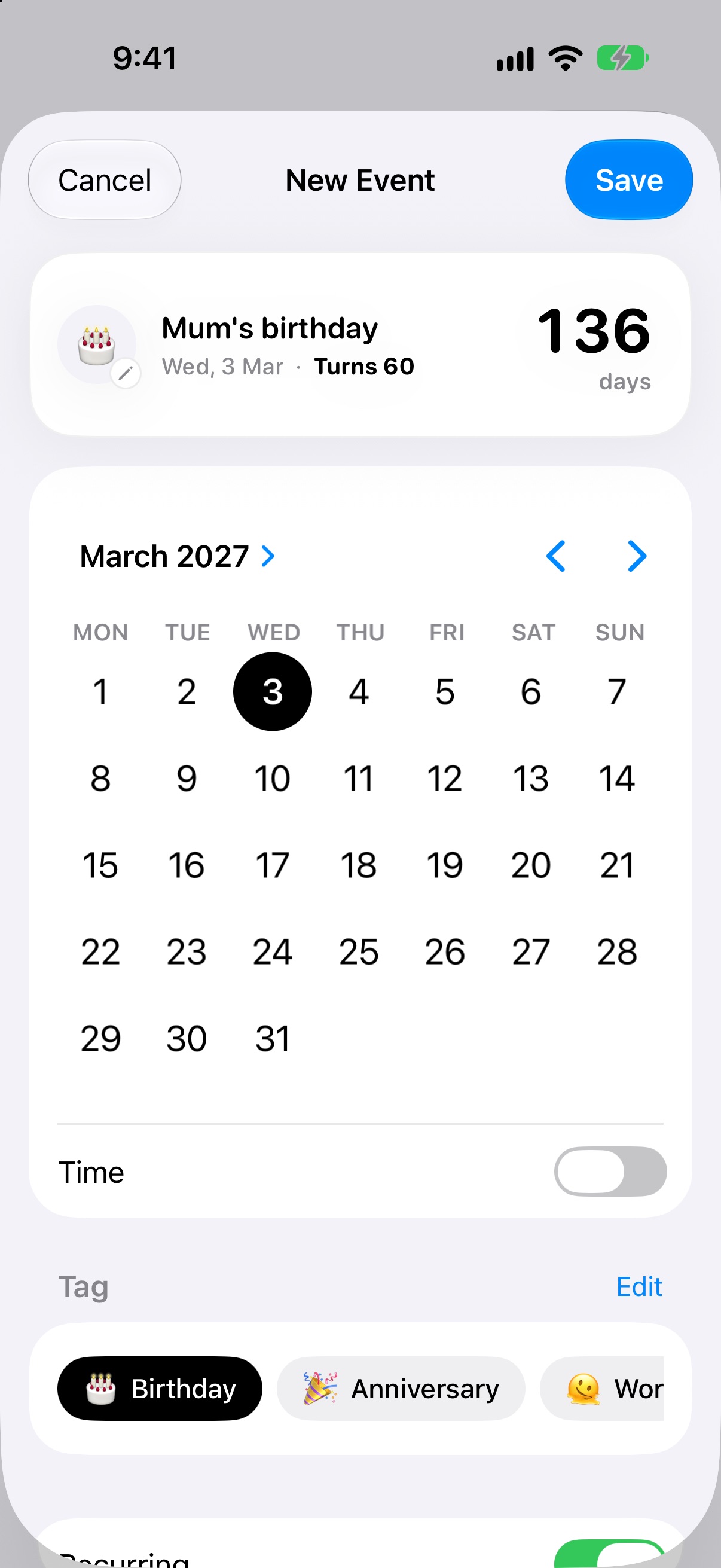 A new event filled in from speech: Mum's birthday, Wednesday 3 March, turns 60, in 136 days.